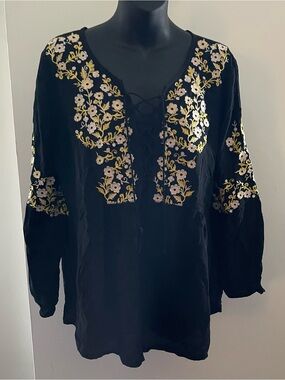 Luna Moon Embroidered Black & Yellow Floral Peasant Blouse Size XL